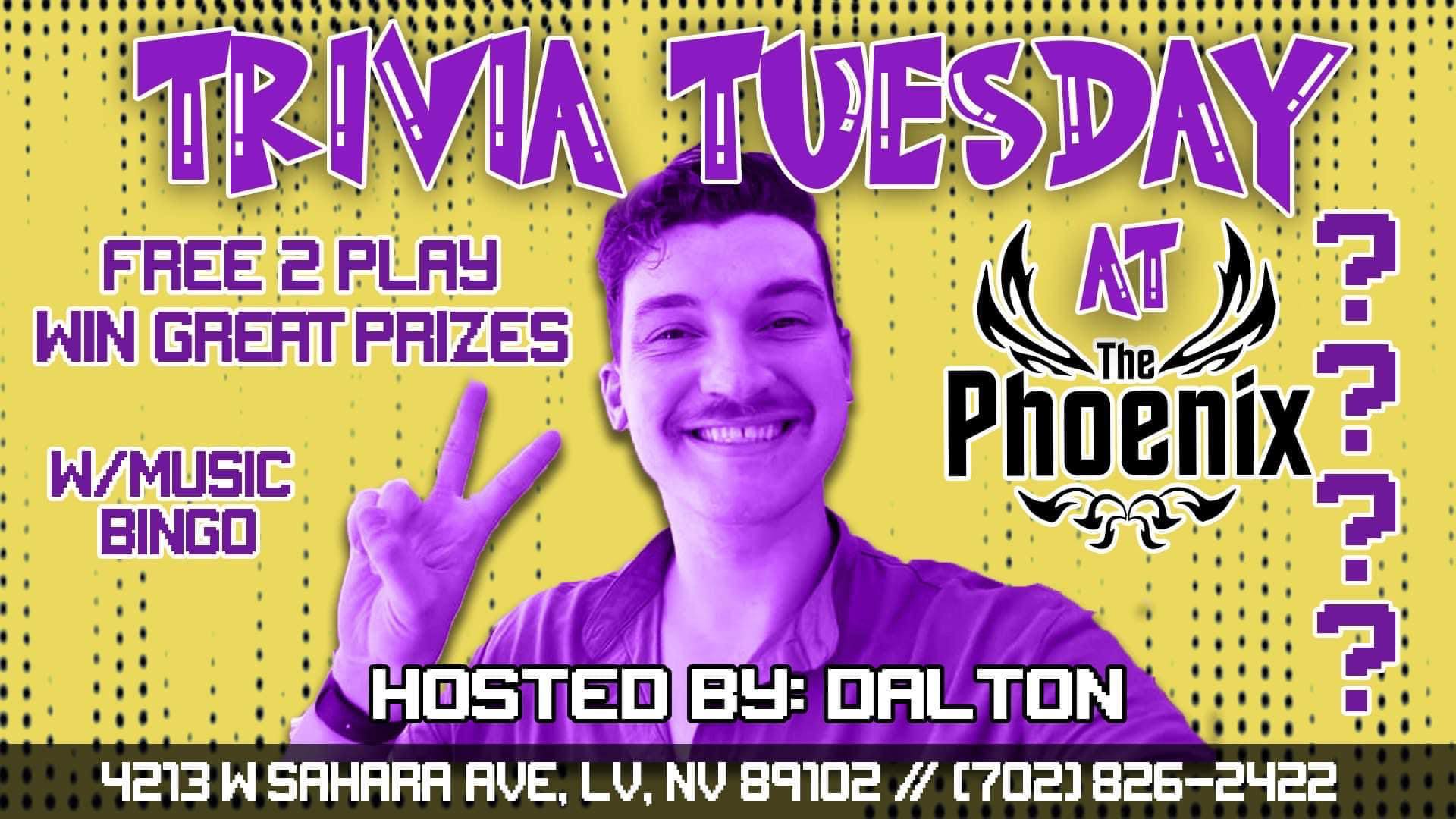 Colorful promotional flyer for Trivia Tuesday at The Phoenix Bar & Lounge, hosted by Dalton, featuring prizes, music bingo, and a smiling person giving a peace sign.